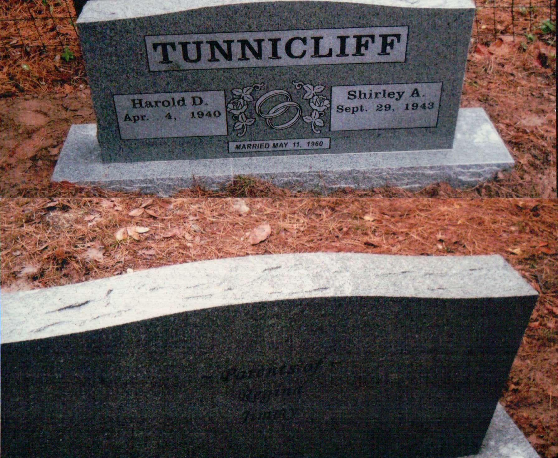 A gray granite cemetery headstone for Harold D. and Shirley A. Tunnicliff, placed on reddish-brown ground.