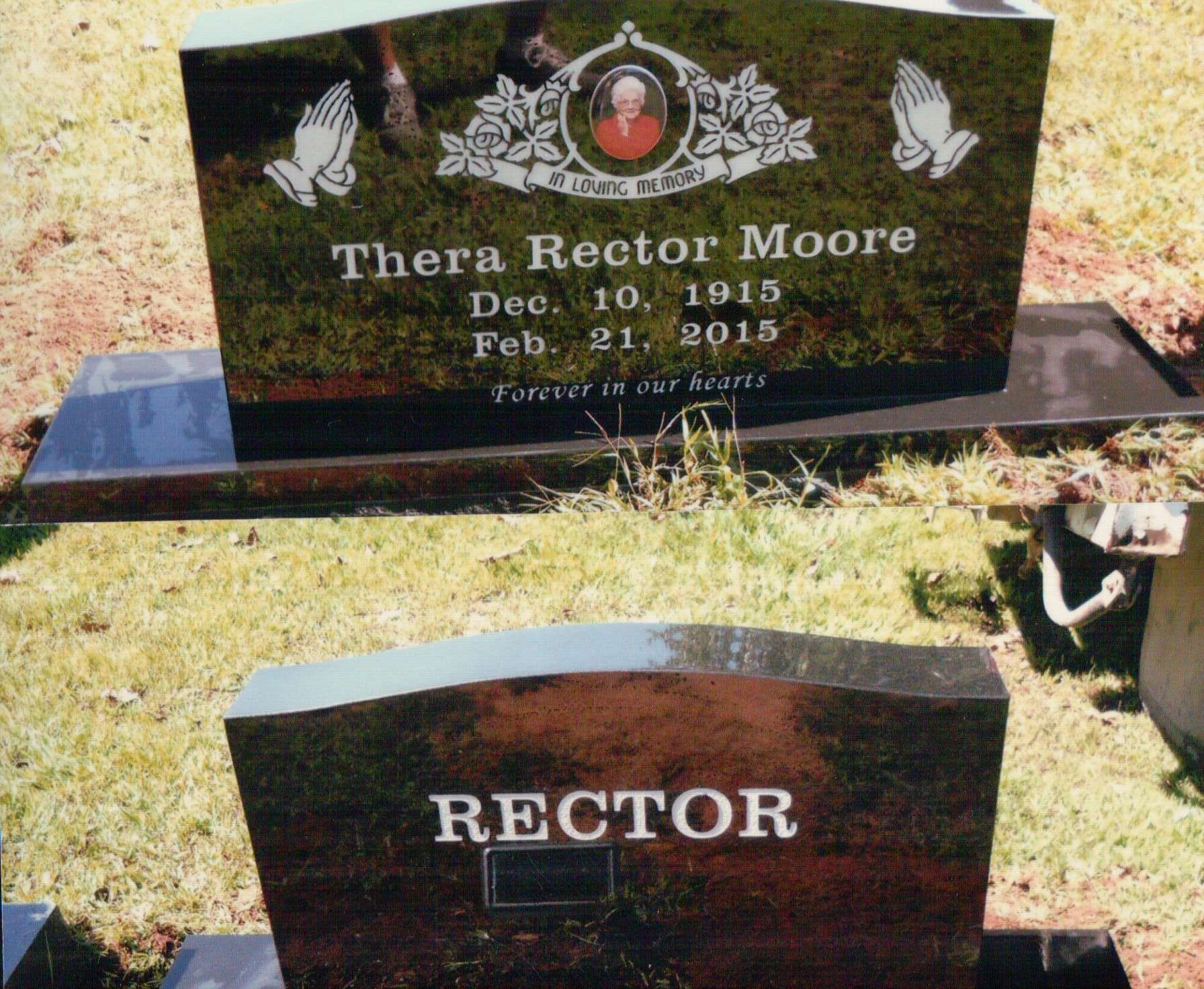 Two black granite headstones set in grass, one inscribed for Thera Rector Moore and the other simply marked RECTOR.