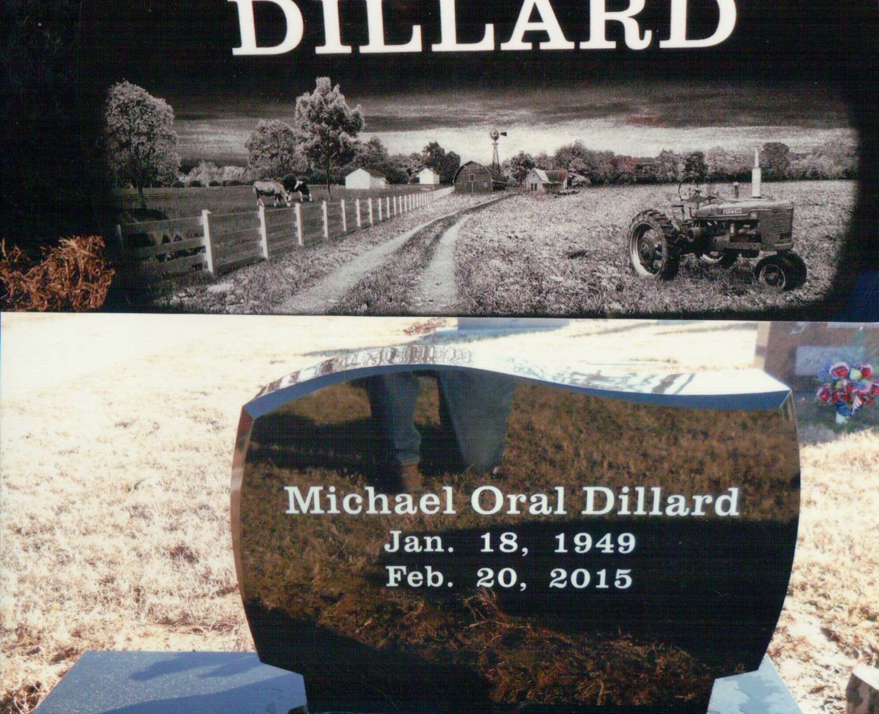 A polished black headstone featuring a farm scene etching and the name Michael Oral Dillard with birth and death dates.