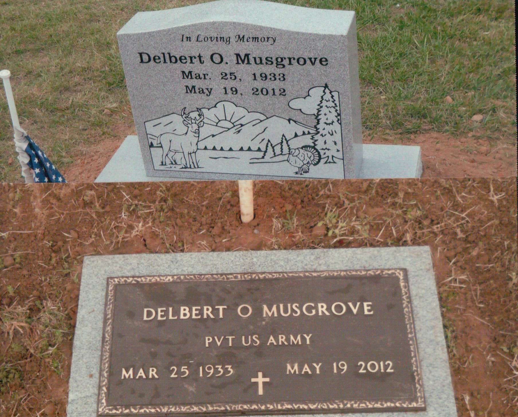 Two grave markers for Delbert O. Musgrove, one a grey stone with nature etchings, the other a bronze US Army plaque.