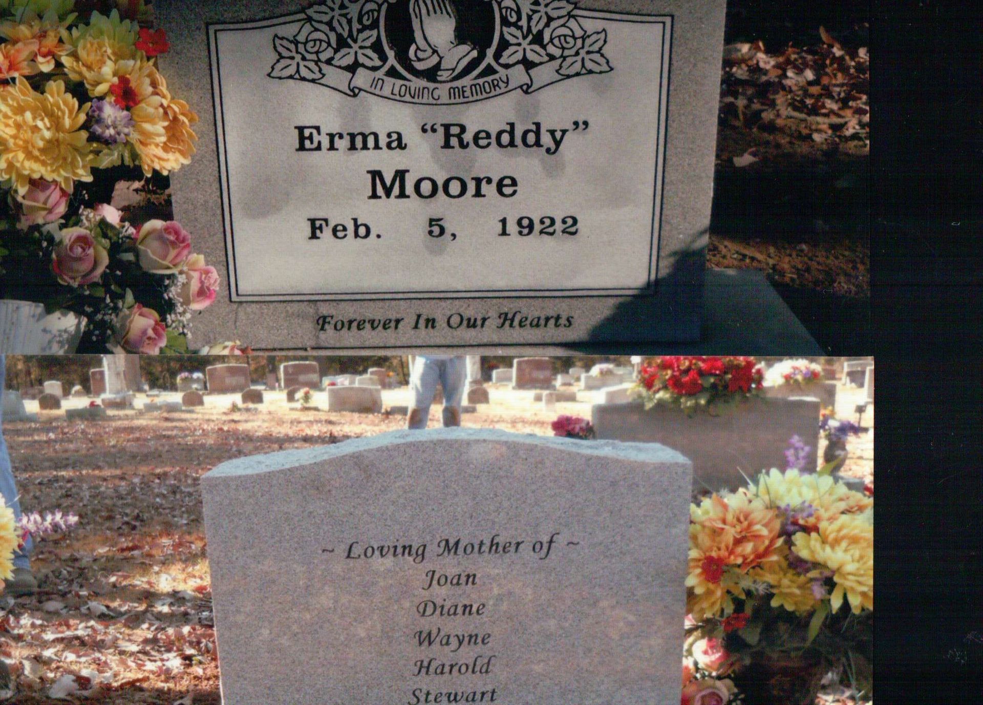 Two gray granite grave markers in a cemetery, featuring the name Erma 