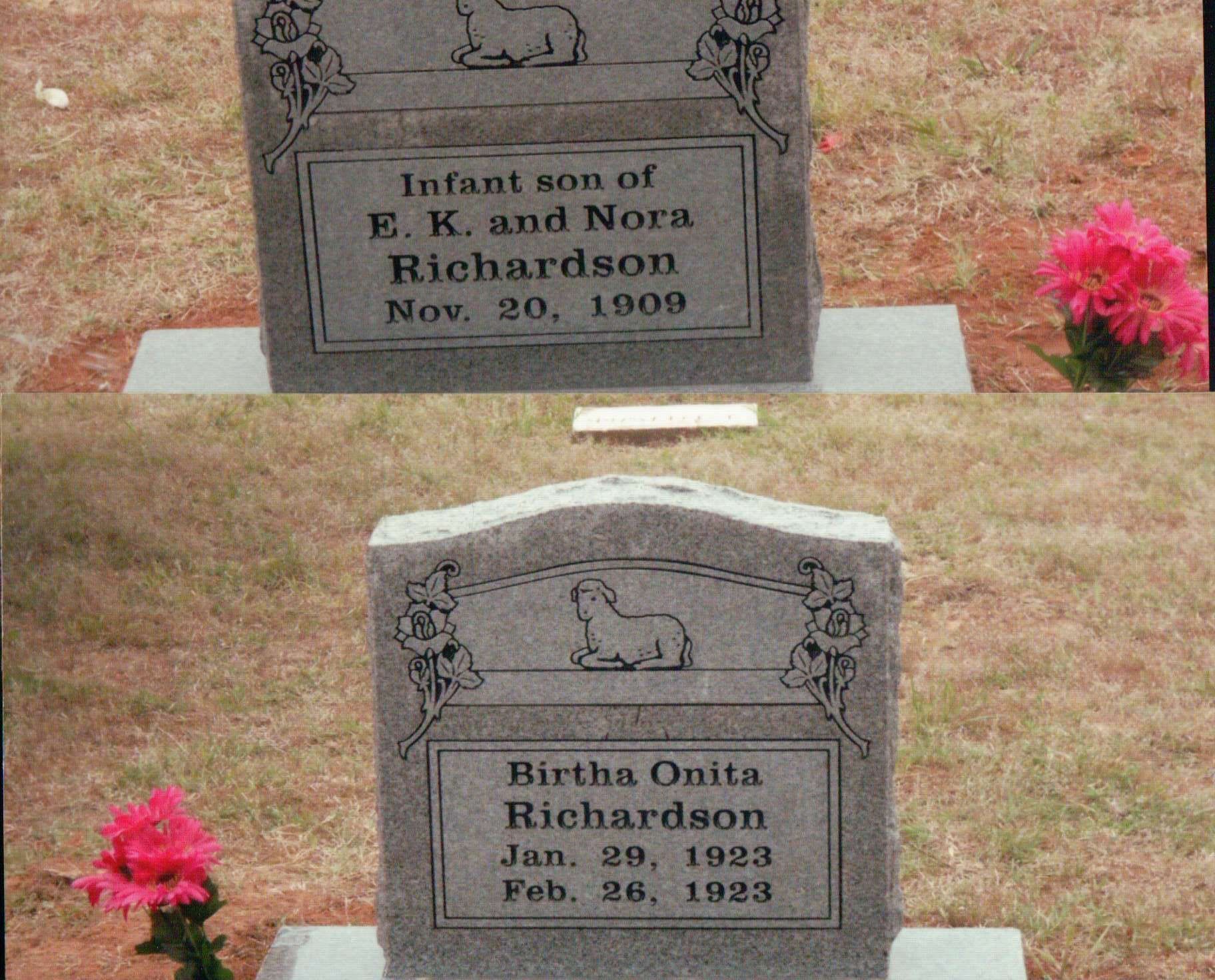 Two grey granite headstones in a grassy cemetery, each with a lamb carving and floral accents, honoring Richardson kin.