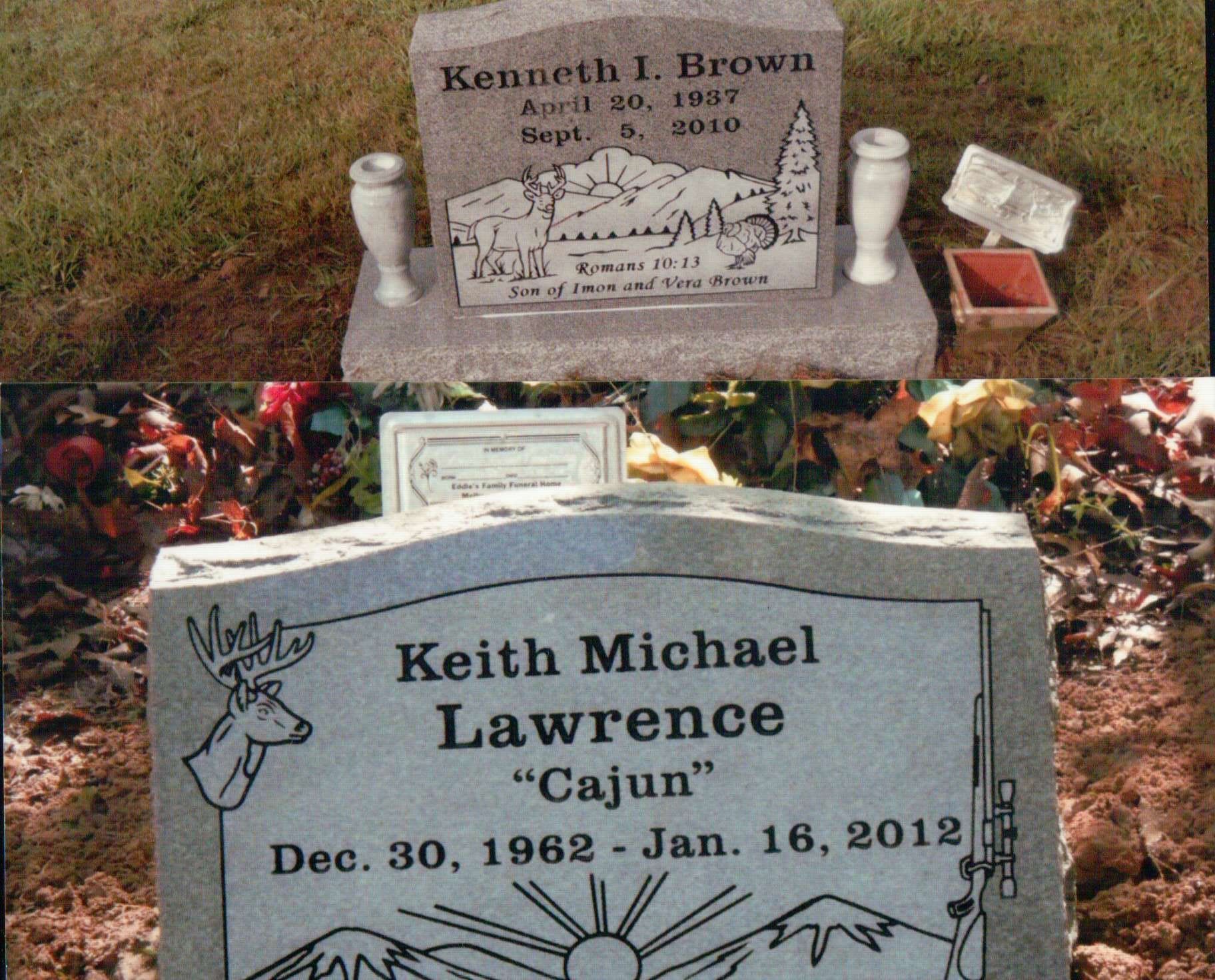 Two headstones at a cemetery, one for Kenneth L. Brown and one for Keith Michael Lawrence featuring engraved deer designs.