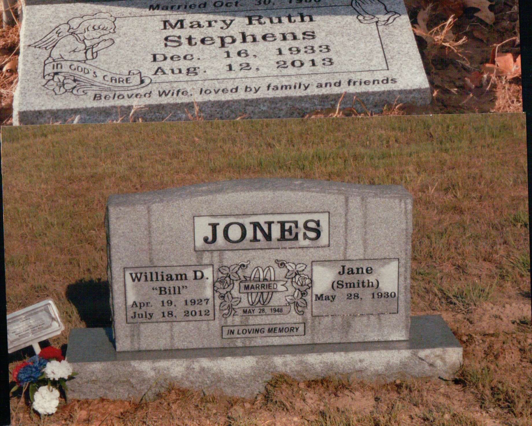 A cemetery plot featuring a grey tombstone for William D. and Jane Jones and an adjacent marker for Mary Ruth Stephens.