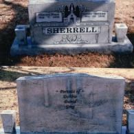 A two-part photo showing a grey, stone headstone engraved with 