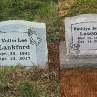 Two gray granite headstones sitting side-by-side in a grassy area, displaying names and dates for two individuals.
