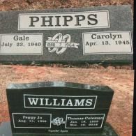 Two granite headstones: Phipps, with names Gale and Carolyn, and Williams, with names Peggy Jo and Thomas Coleman.