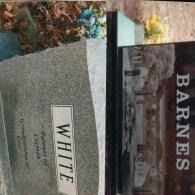 Two stone grave markers, one gray and one black, positioned side-by-side with the names WHITE and BARNES inscribed.