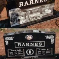 Two views of a polished black granite headstone with the name BARNES, a mountain landscape scene, and two name plaques.
