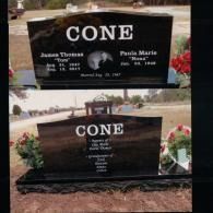 A two-part image showing the front and back of a black granite memorial gravestone for James and Paula Cone.