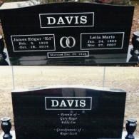A black polished granite tombstone for the Davis family, featuring names, dates, marriage info, and family relationships.