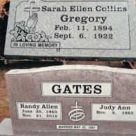 Two gravestones, one memorializing Sarah Ellen Collins Gregory and the other for Randy Allen and Judy Ann Gates.