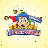 Een tekenfilmjongen houdt een bord vast met de tekst 't letste rundje'.