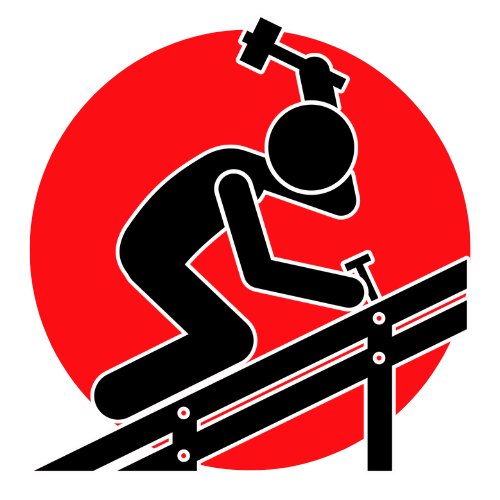 A black and white icon of a hand holding a hammer over a roof.