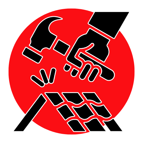 A black and white icon of a hand holding a hammer over a roof.