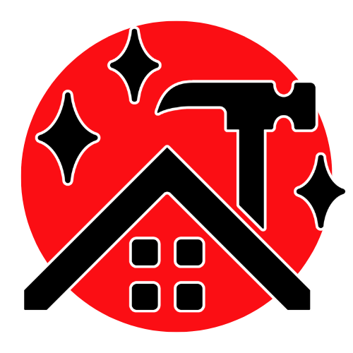 A black and white icon of a hand holding a hammer over a roof.