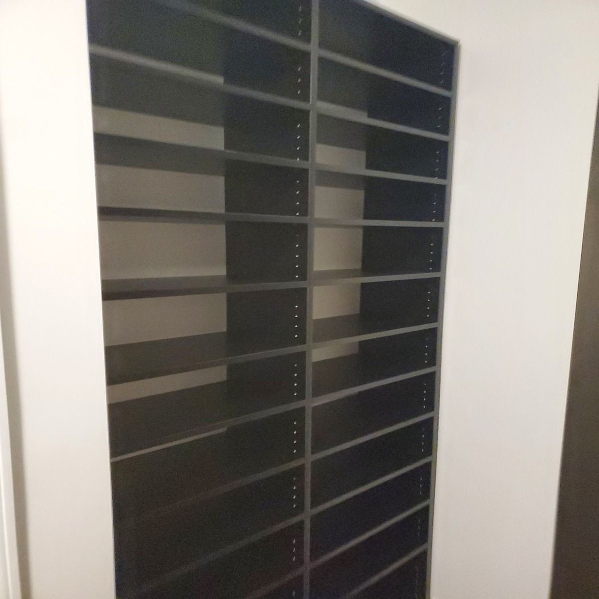Dark shelving unit built into a white wall, with multiple empty shelves.