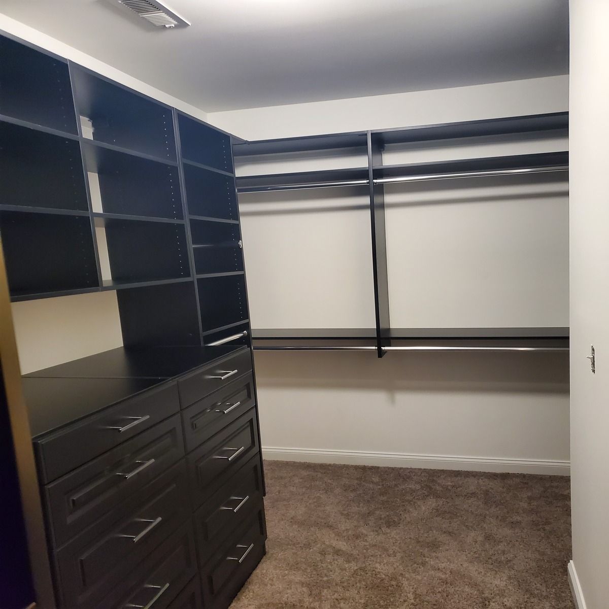 Walk-in closet with dark cabinetry and shelves on one side and hanging rods on the other, beige carpet.
