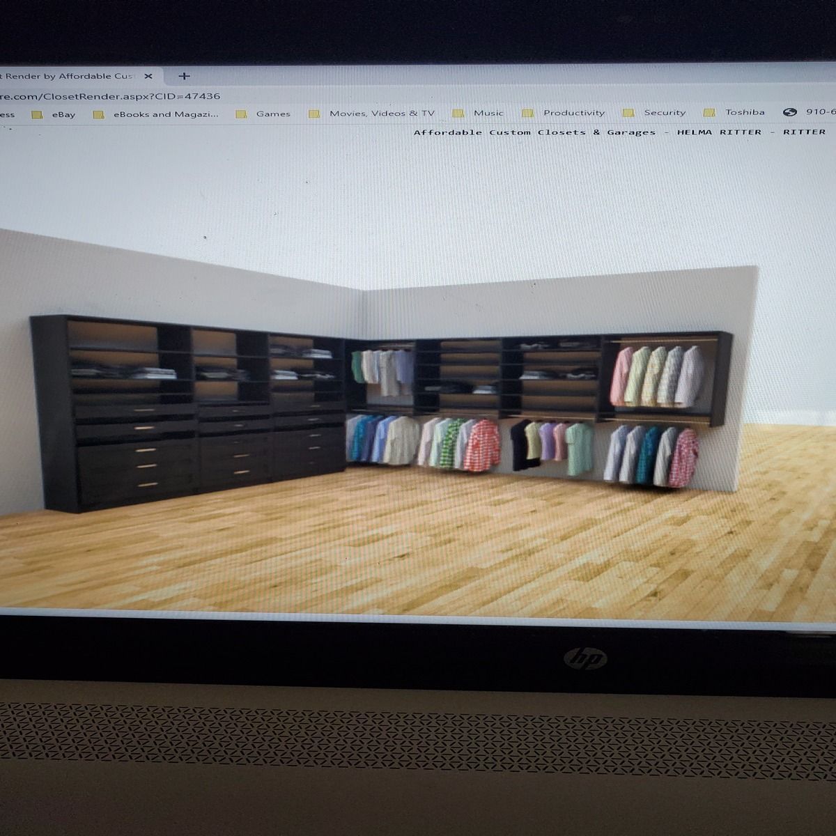 A 3D rendering of a dark wood, walk-in closet with clothes and drawers against a light-colored wall and wood floor.