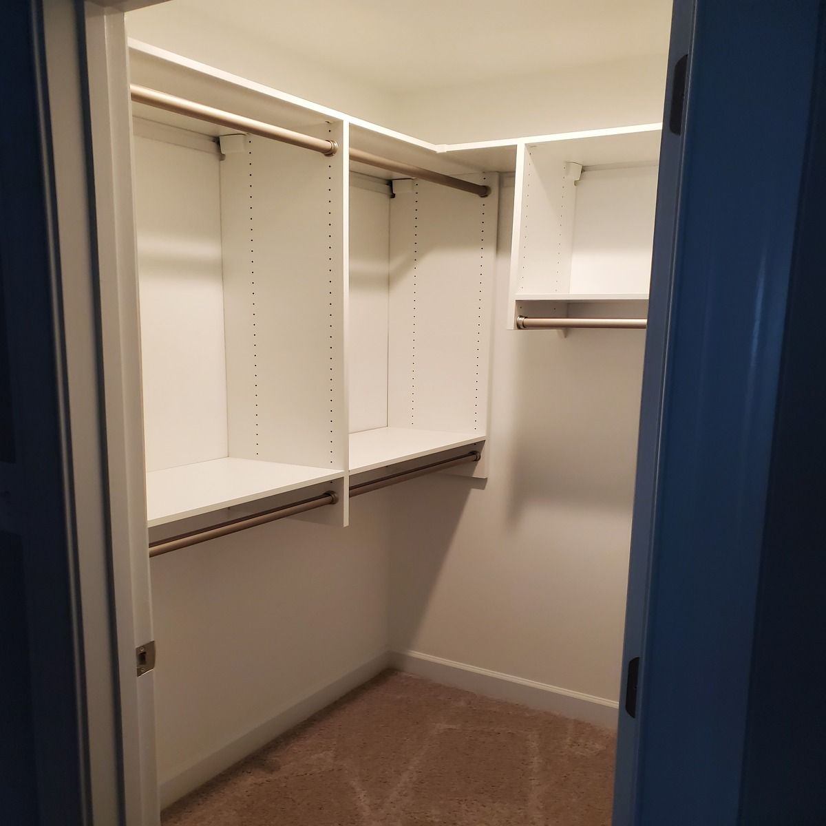 Empty white closet with shelves and rods for clothes. Carpeted floor, and lighting on the ceiling.