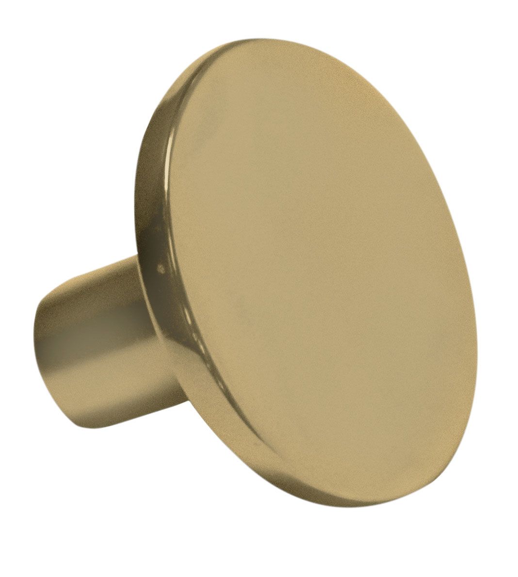 A gold round knob on a white background