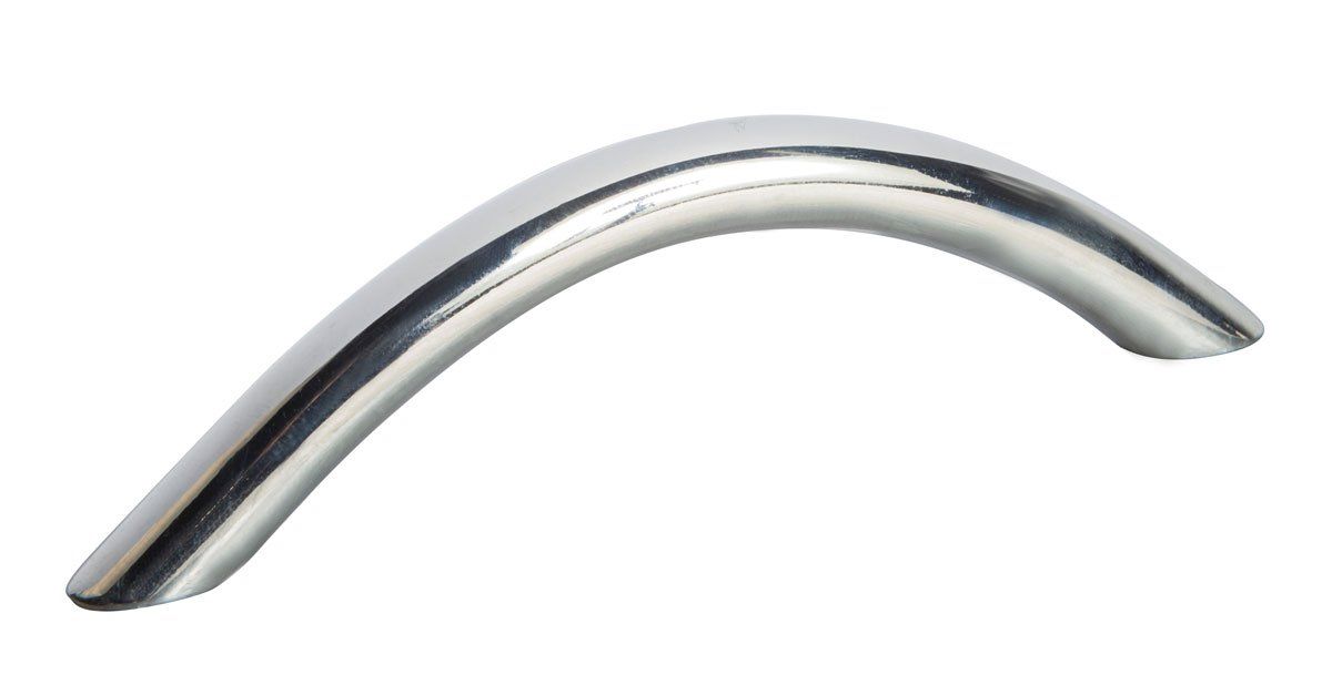 A close up of a chrome handle on a white background.