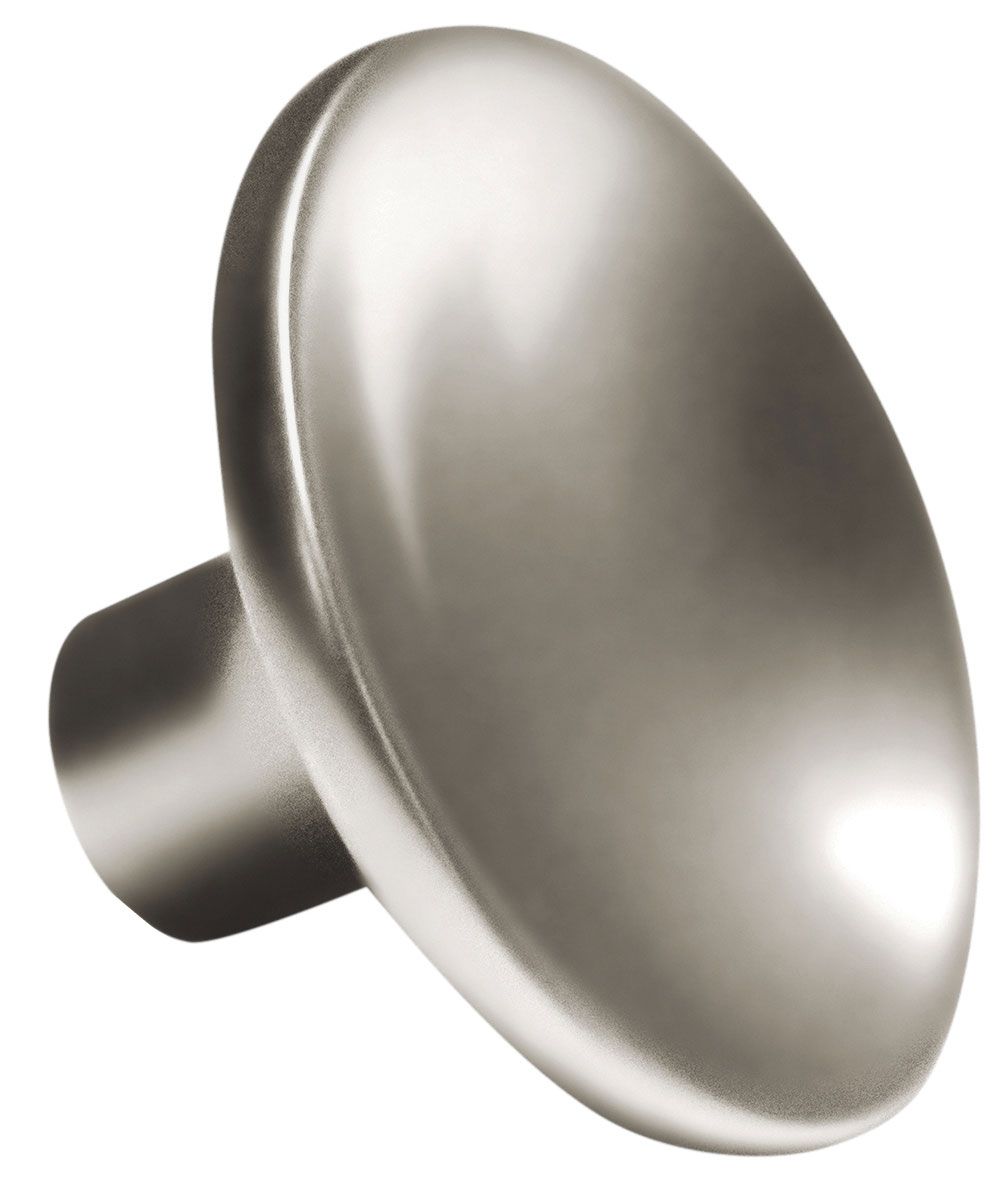 A stainless steel knob on a white background