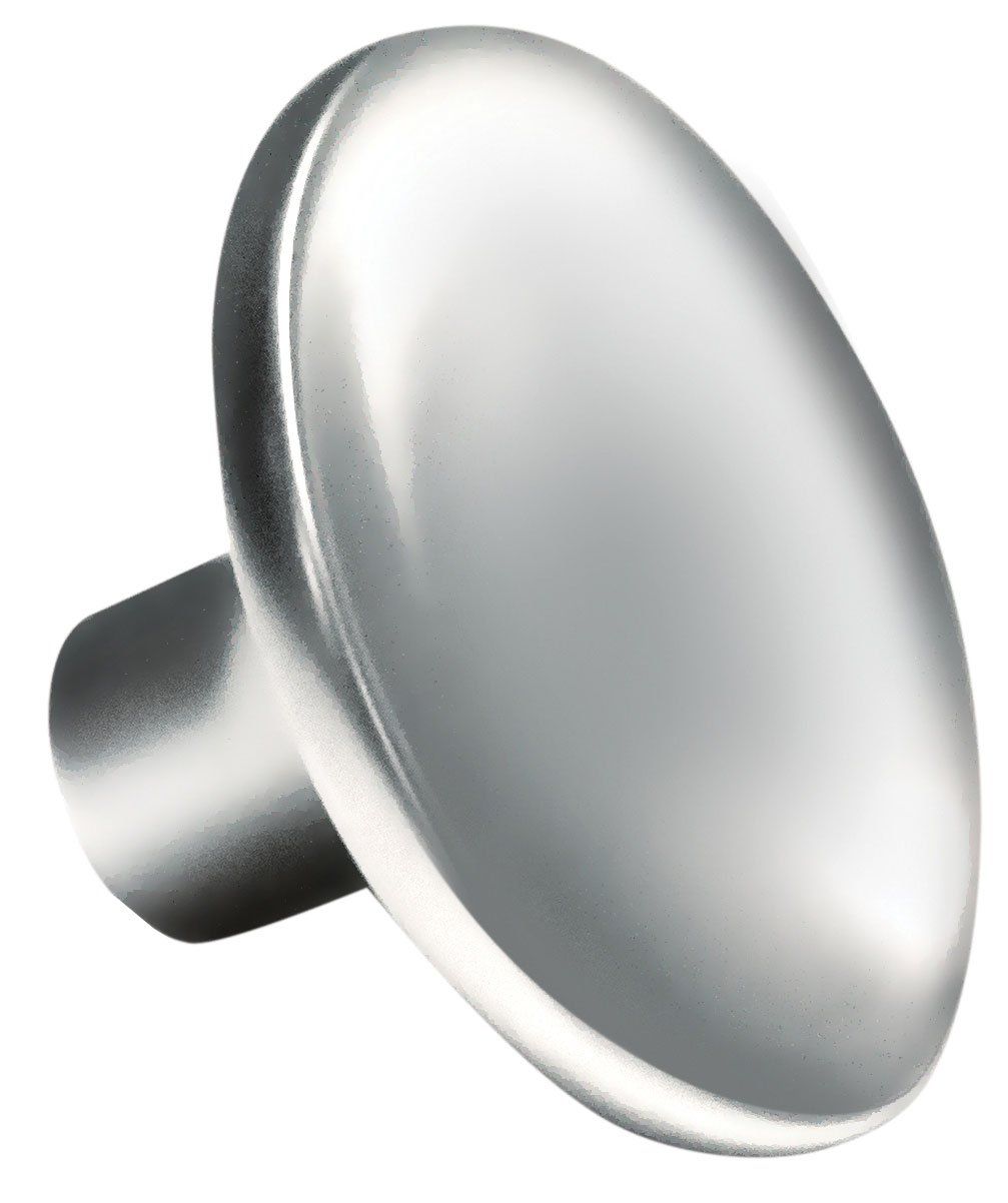 A close up of a silver knob on a white background