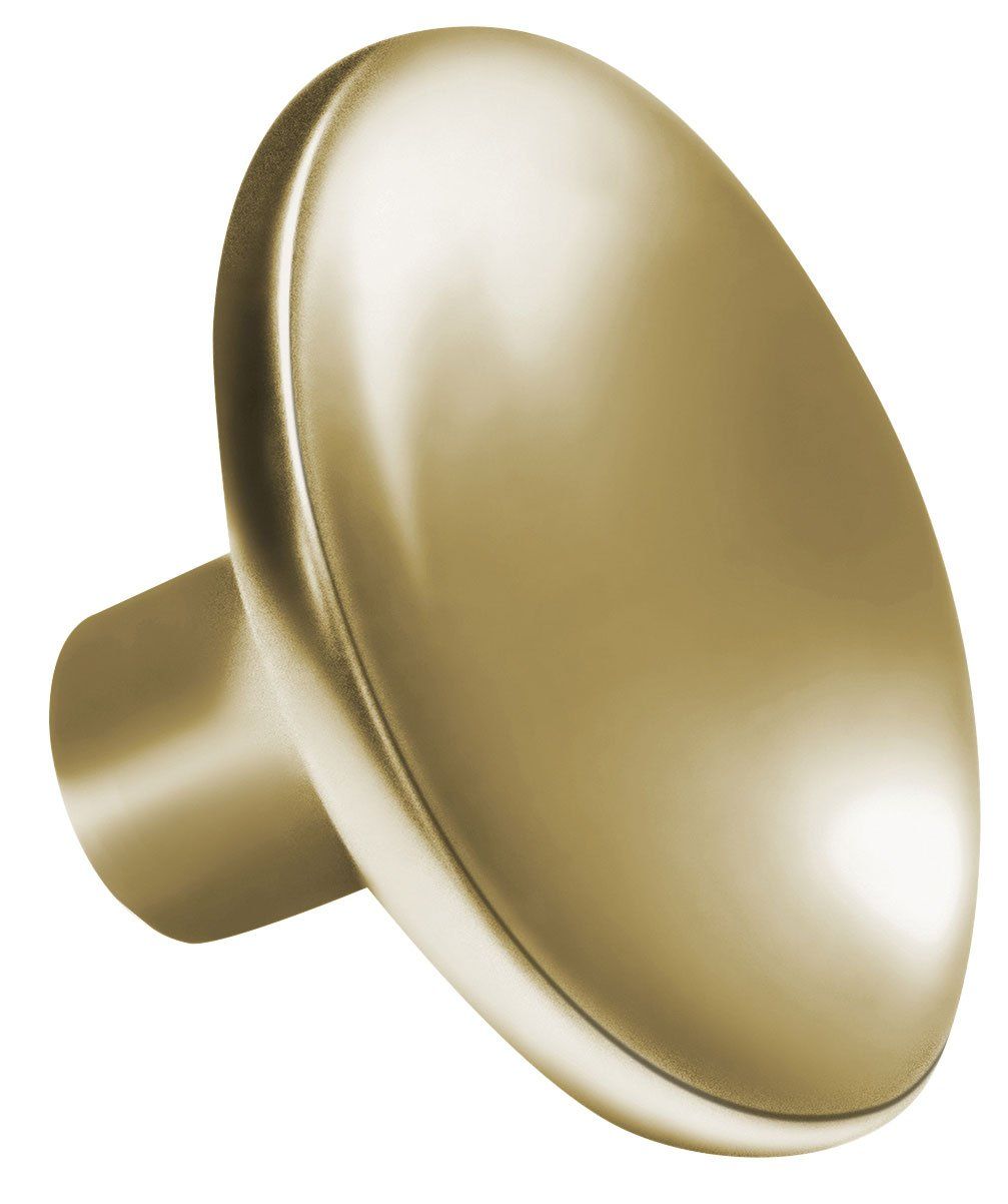 A gold colored knob with a black base on a white background