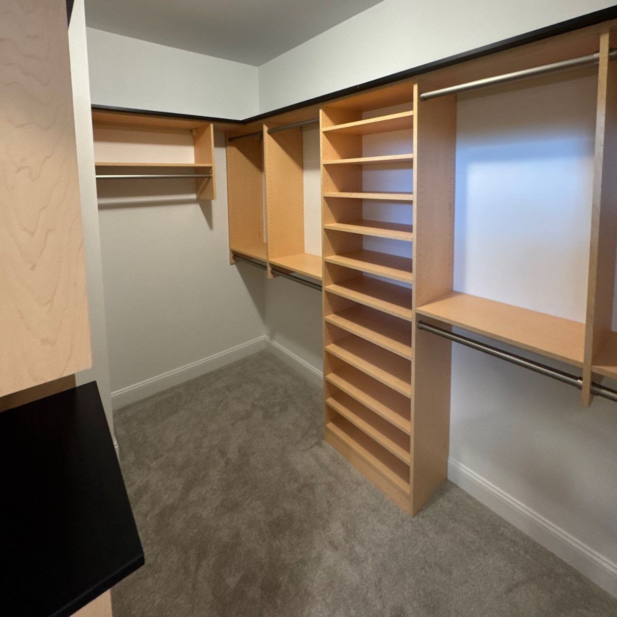 Empty walk-in closet with light wood shelving and rods. Gray carpet and white walls with black trim.