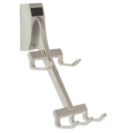 A stainless steel hook with two hooks attached to it on a white background.