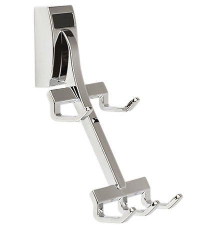 A chrome shaving razor holder with three hooks attached to it.