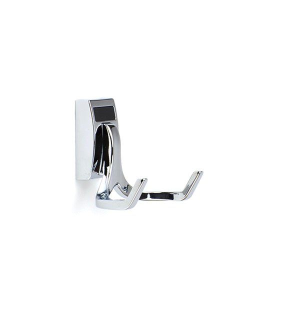 A chrome towel hook with two hooks on a white background.