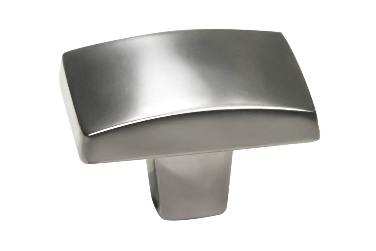 A stainless steel cabinet knob on a white background