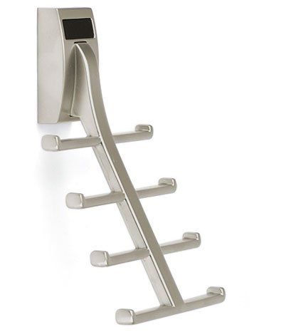 A stainless steel hook with four hooks attached to it on a white background.