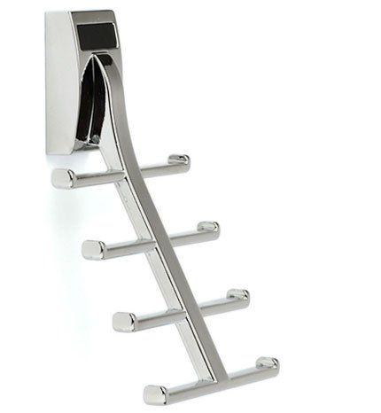 A chrome towel rack with four hooks on a white background.