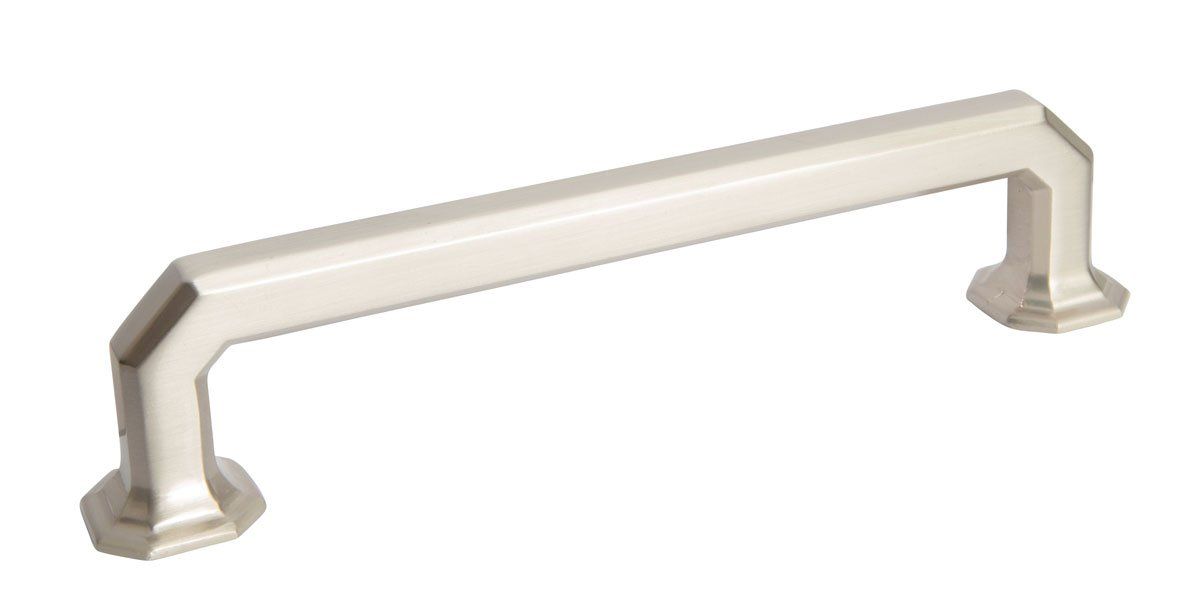 A stainless steel cabinet handle on a white background.