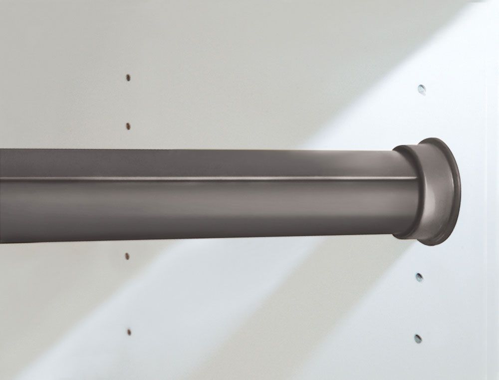 A close up of a shower curtain rod on a wall