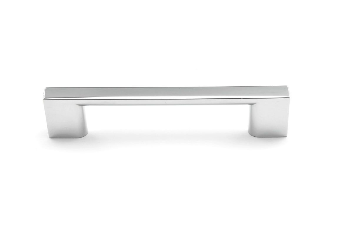 A chrome cabinet handle on a white background.