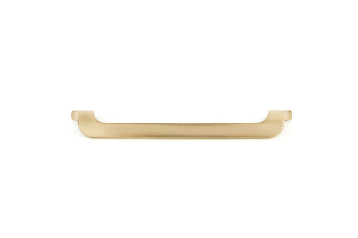 A brass cabinet handle on a white background.