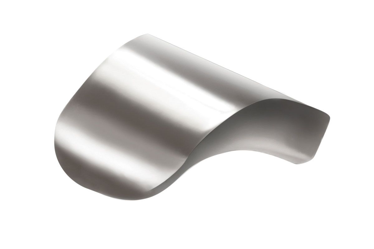 A close up of a metal object on a white background.