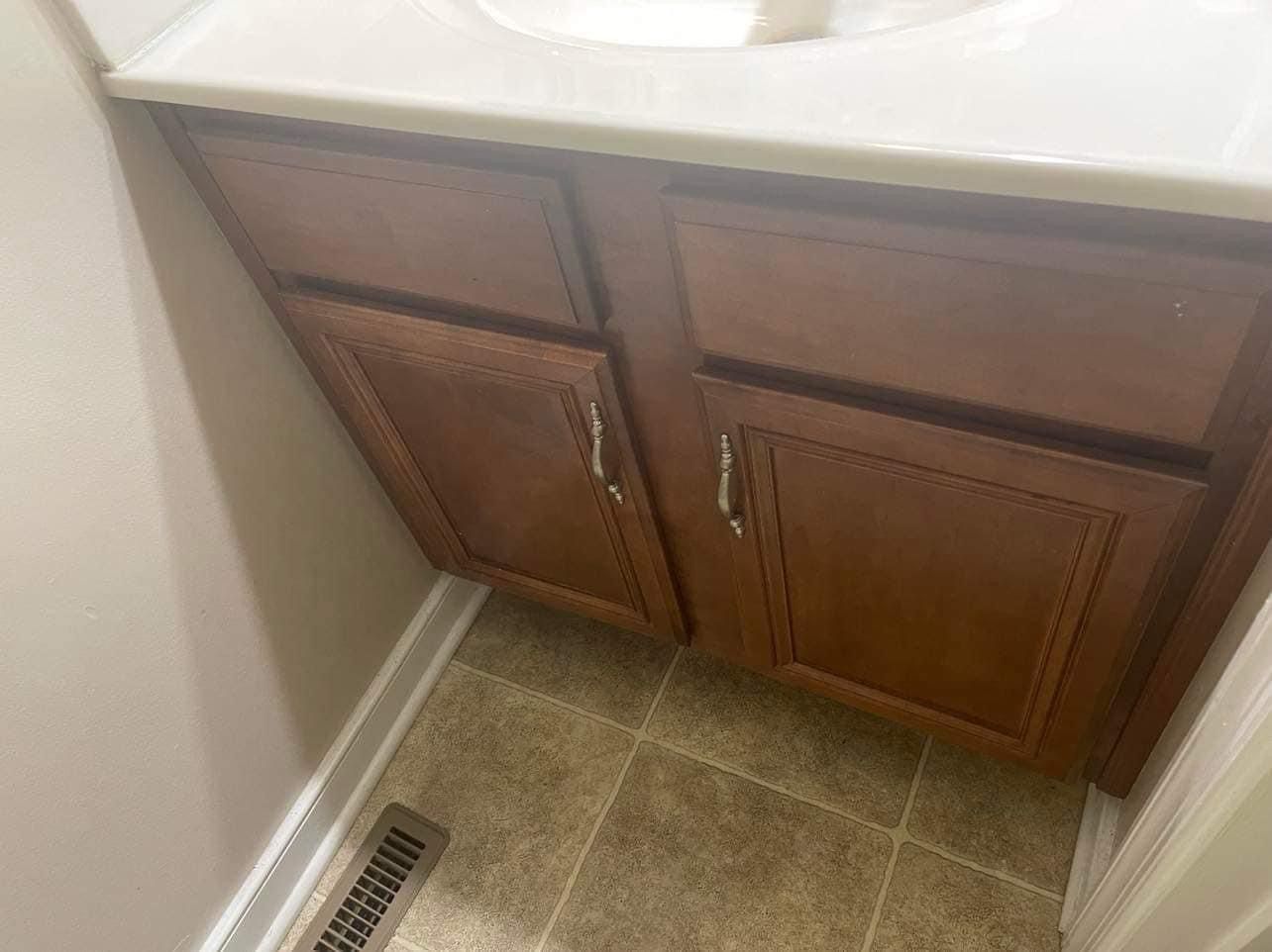 A bathroom vanity with wooden cabinets and a sink.