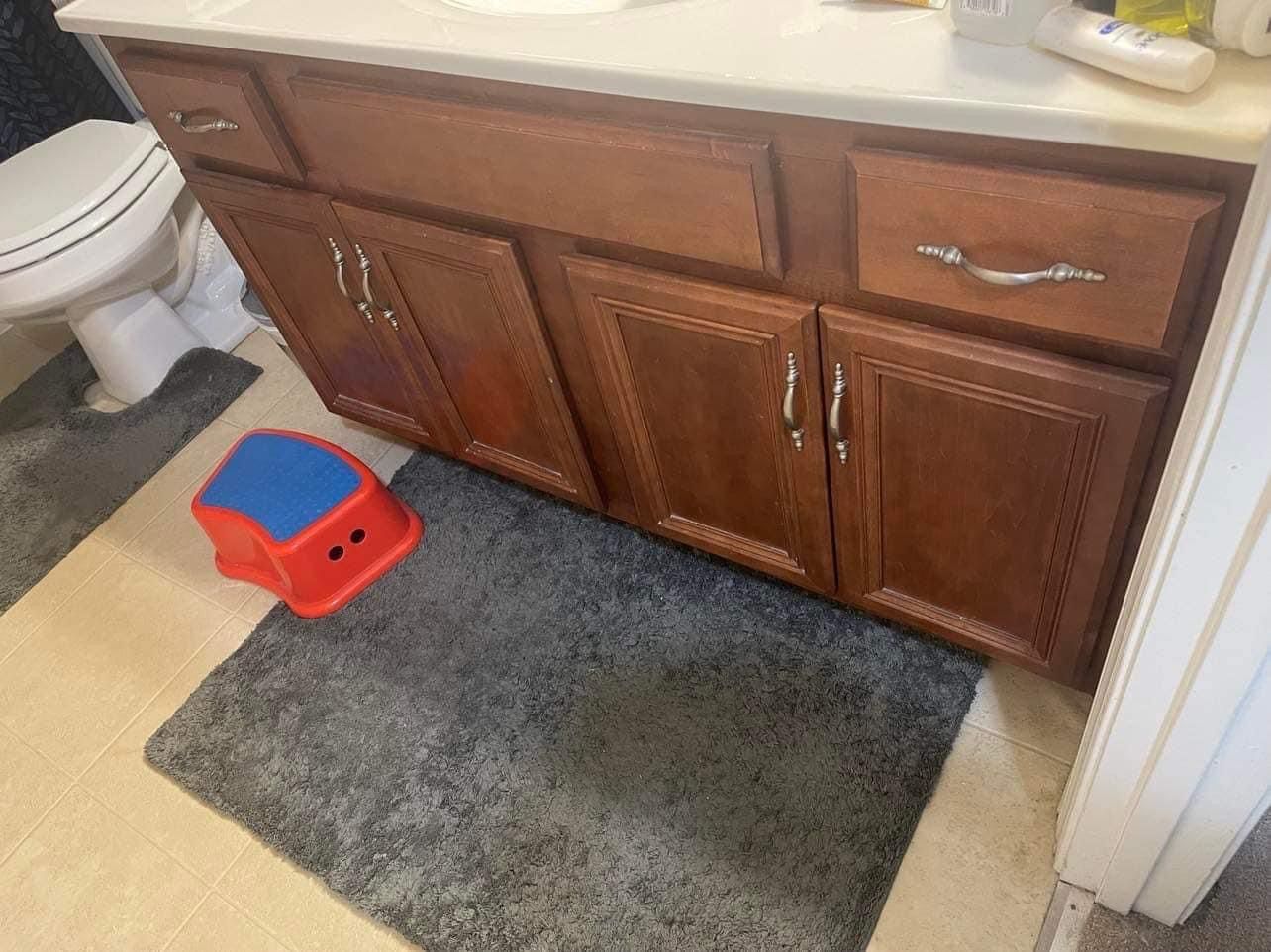 A bathroom with a sink , toilet , and step stool.