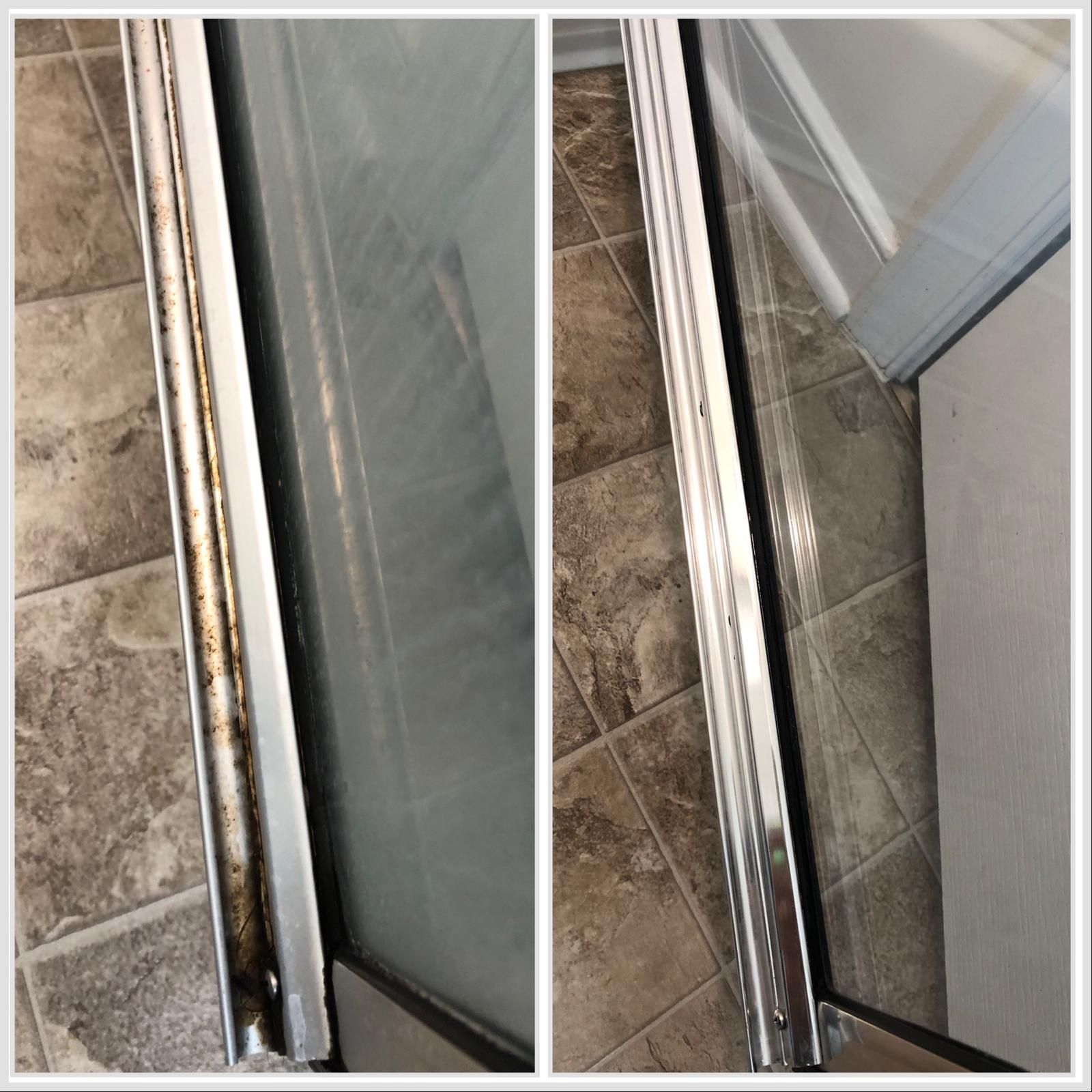 A before and after picture of a shower door