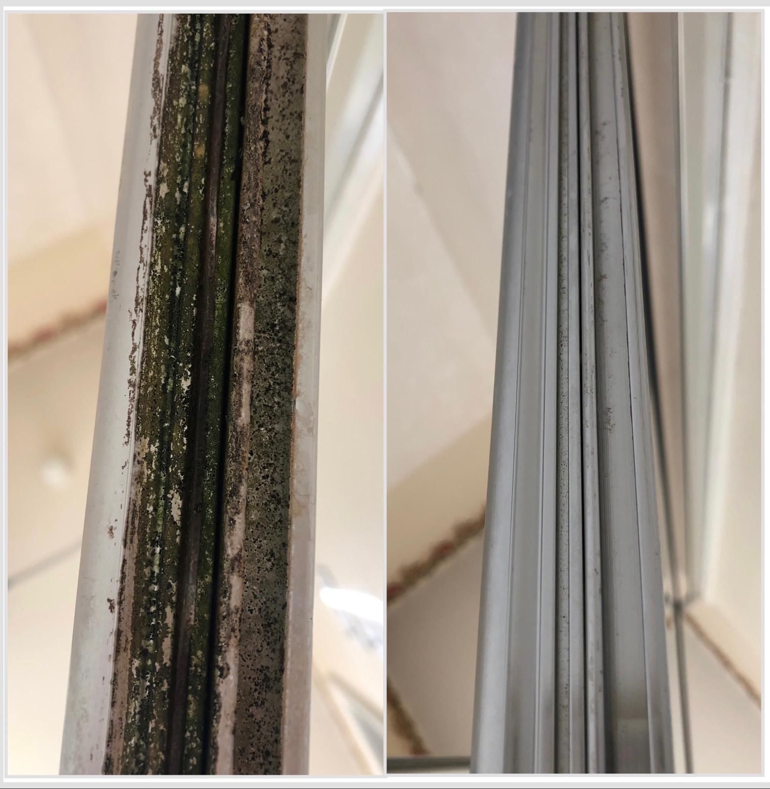A before and after photo of a dirty window sill