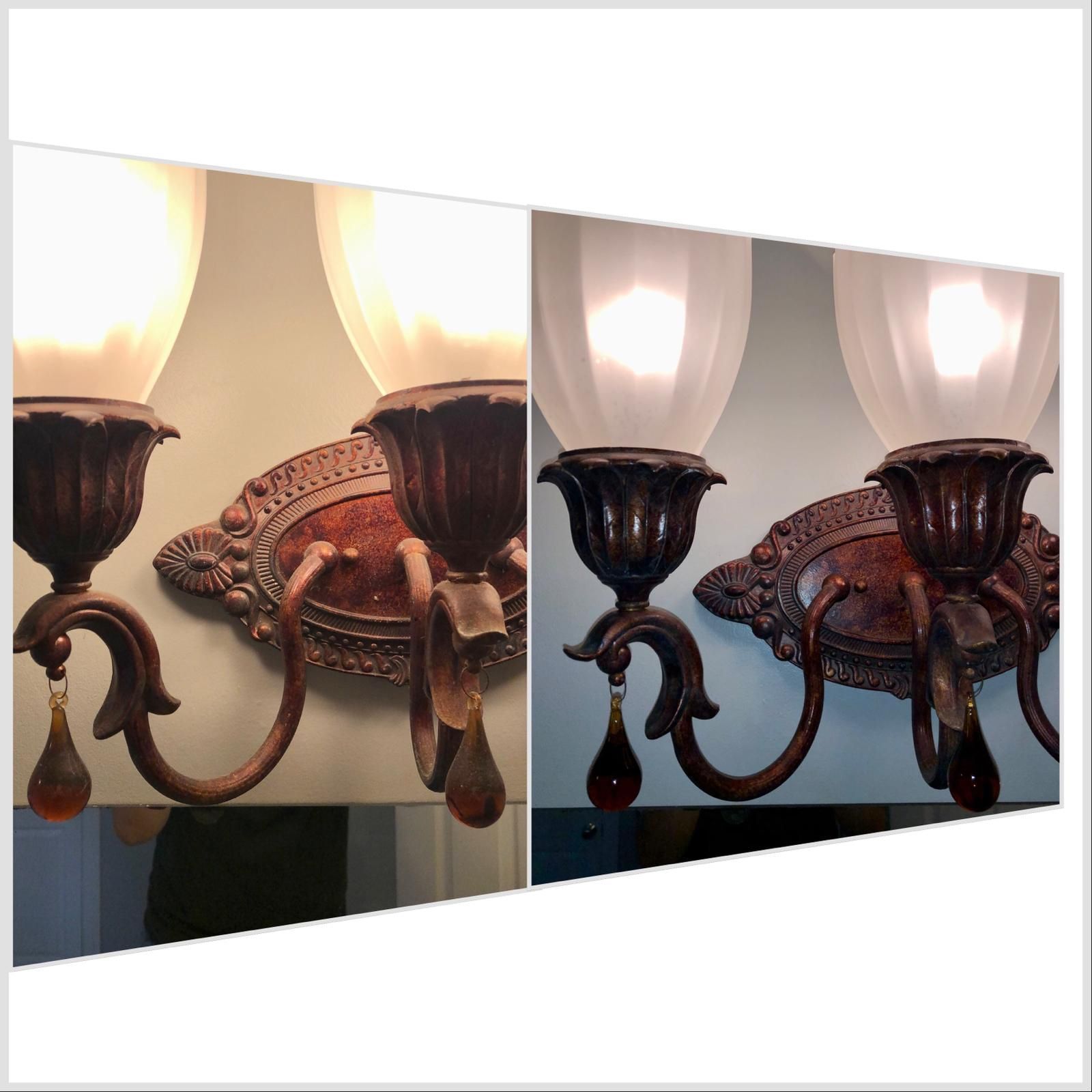 A collage of two pictures of a wall light