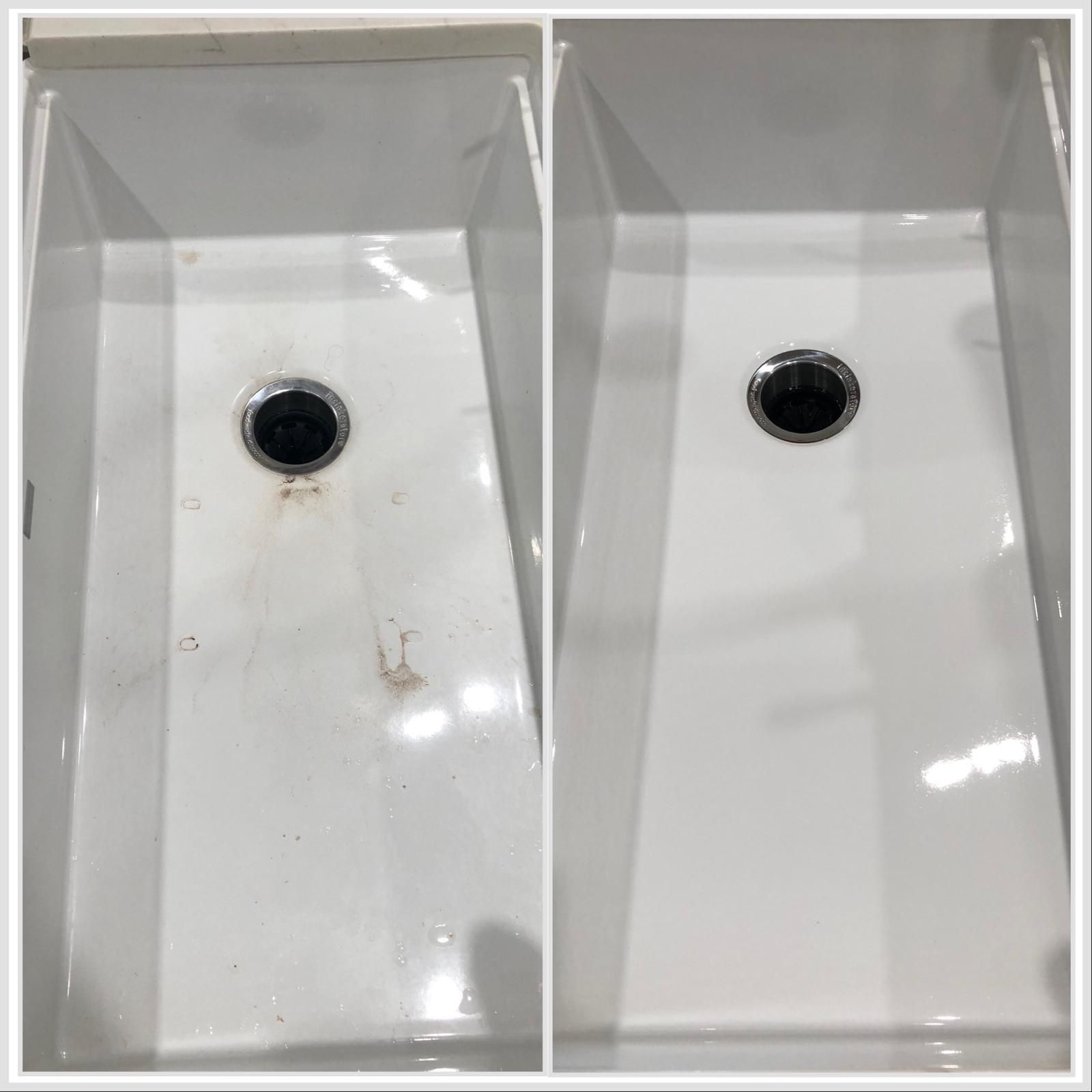 A before and after photo of a bathroom sink.