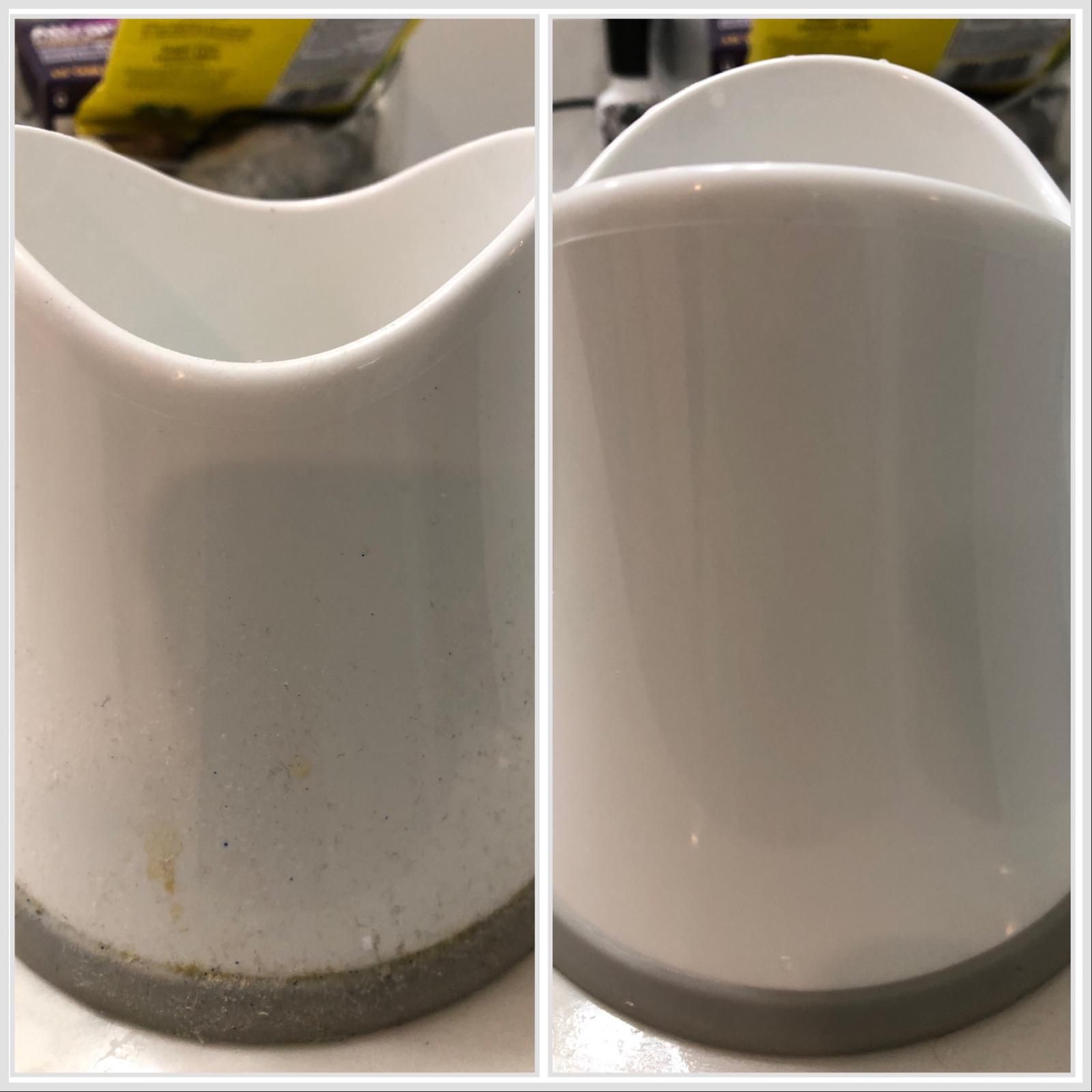 A before and after photo of a white cup