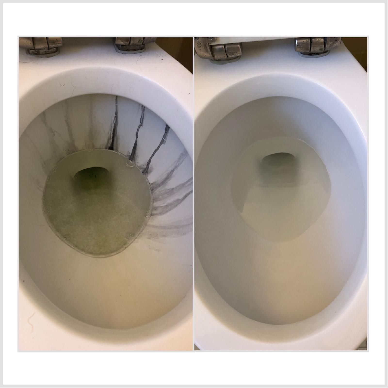 Two pictures of a toilet before and after being cleaned