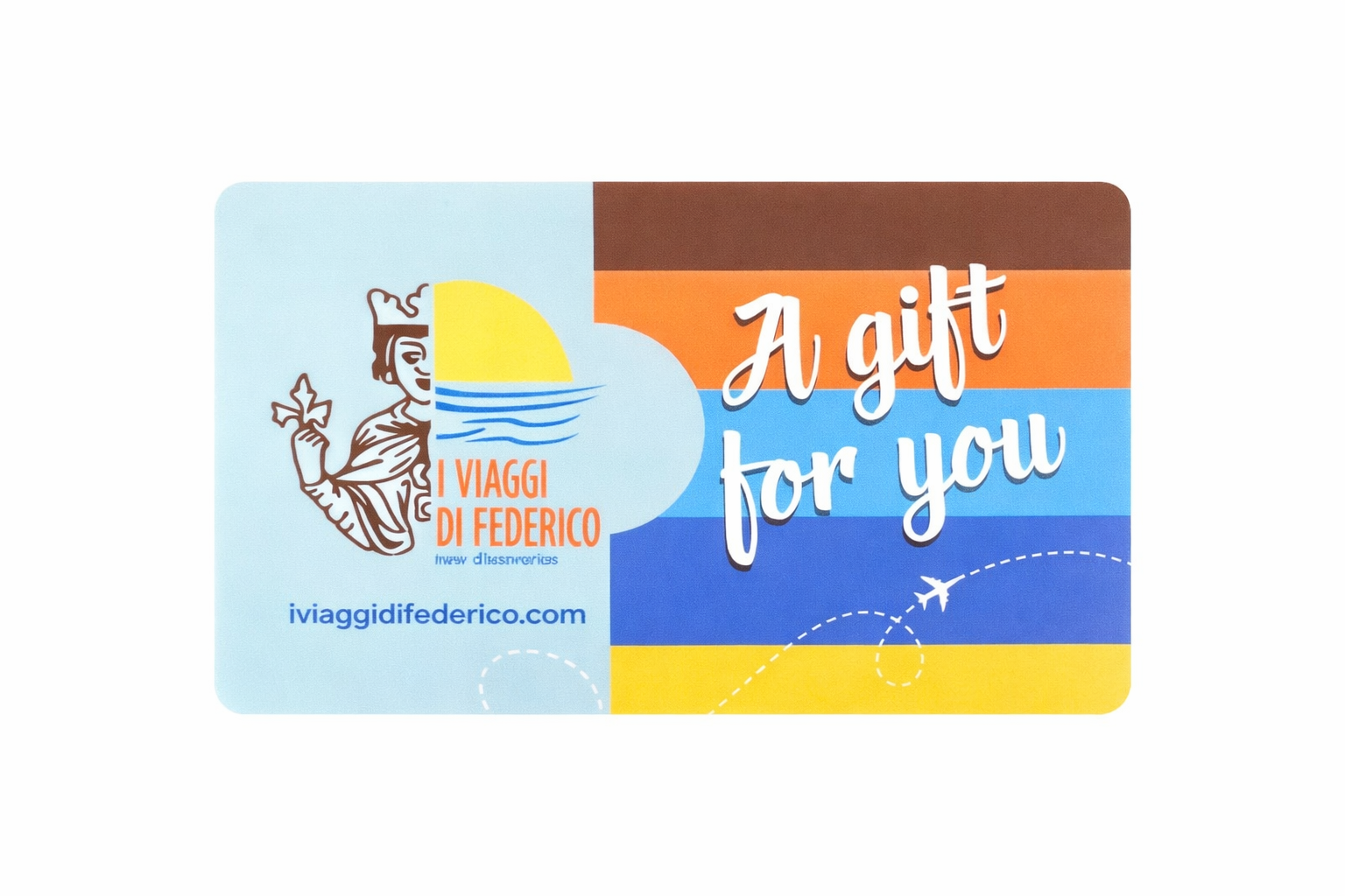 Buono regalo per l'agenzia di viaggi 'I Viaggi di Federico'; design blu, marrone e arancione con un disegno.